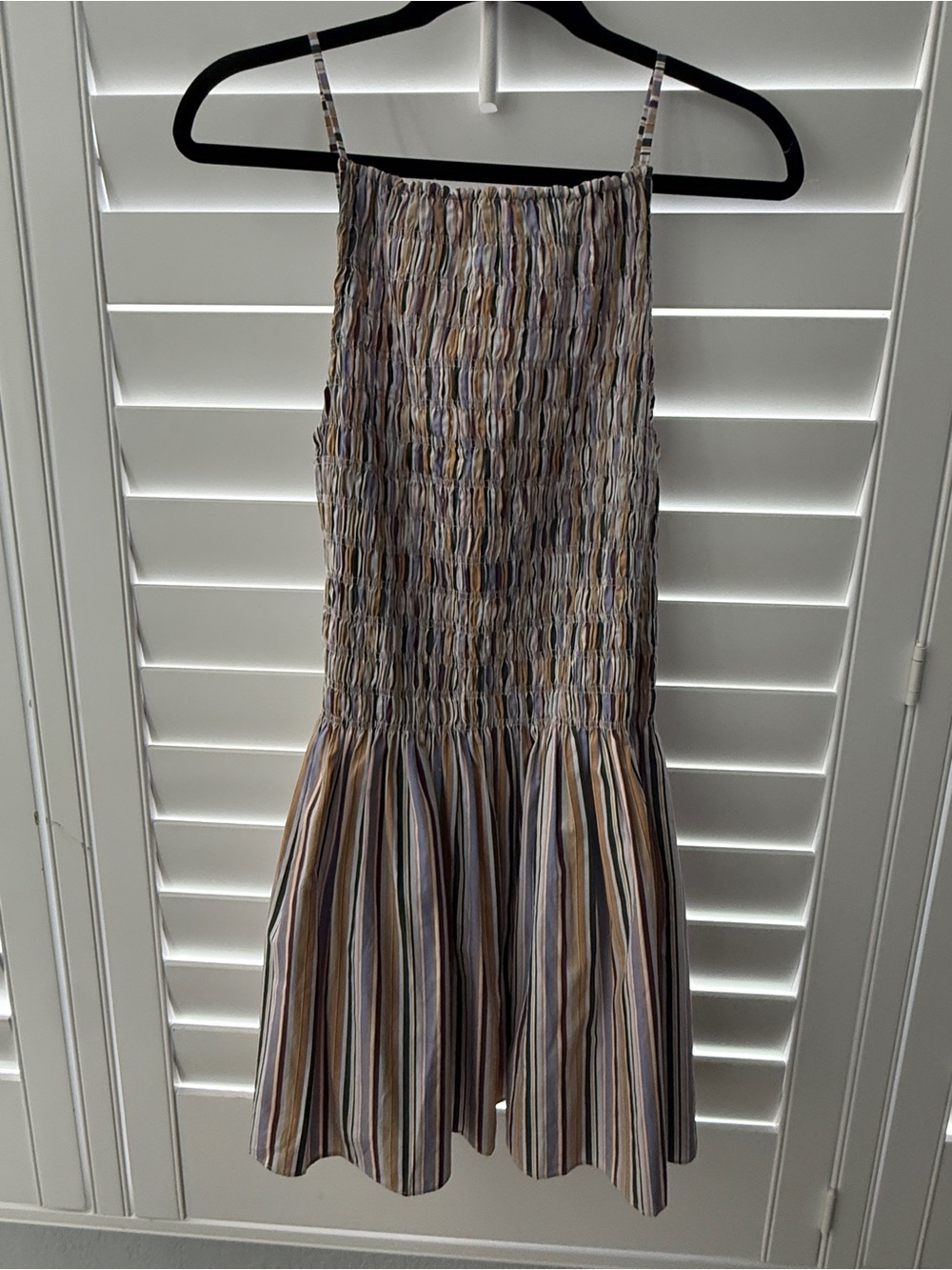 Faithfull the Brand Striped Smocked Mini Dress in Neutral Multi-Stripe